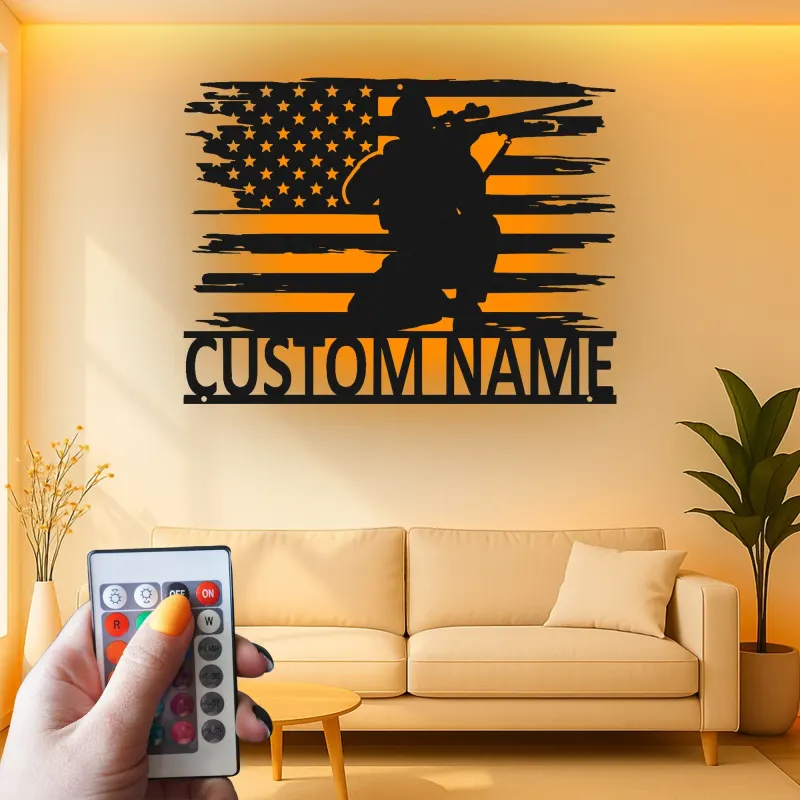 Personalized Sniper Metal Sign | LED American Flag Wall Art | Custom Military Decor for Veteran | Patriotic Man Cave Gift