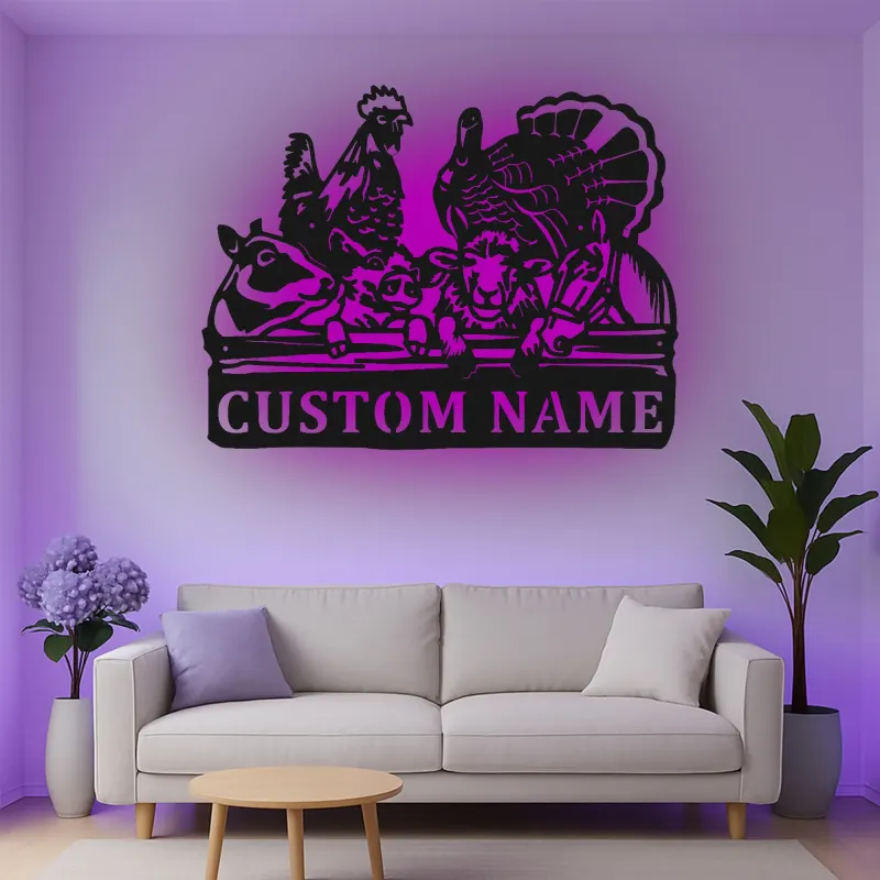 Décoration murale en métal personnalisée avec animaux de la ferme et rétroéclairage