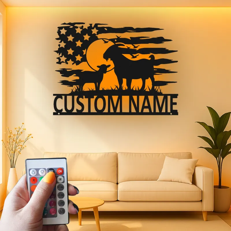 Insegna in metallo con capra e bandiera americana | Arredo LED personalizzato in stile farmhouse | Regalo su misura per amanti delle capre e arte per stalla