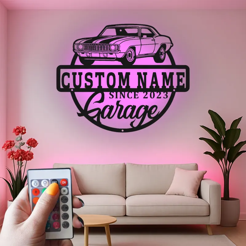 Insegna in metallo LED personalizzata per garage con auto muscolare regalo per appassionati di auto decorazione man cave 2