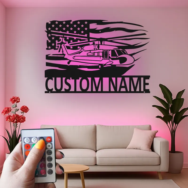 Black Hawk Helicopter LED Metal Wall Art | Personalized Pilot Gift | Custom Name Sign | Patriotic American Flag Wall Decor