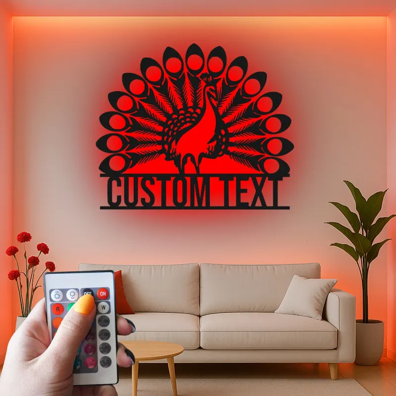 Enseigne en métal personnalisée de paon | Art mural éclairé LED pour maison et entreprise | Décor d'oiseau Art déco