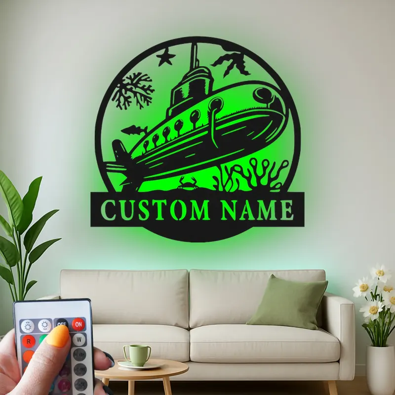 Panneau en métal sous-marin personnalisé avec rétroéclairage | Décoration murale nautique personnalisée | Décor océanique pour chambre d'enfant ou cadeau de marin