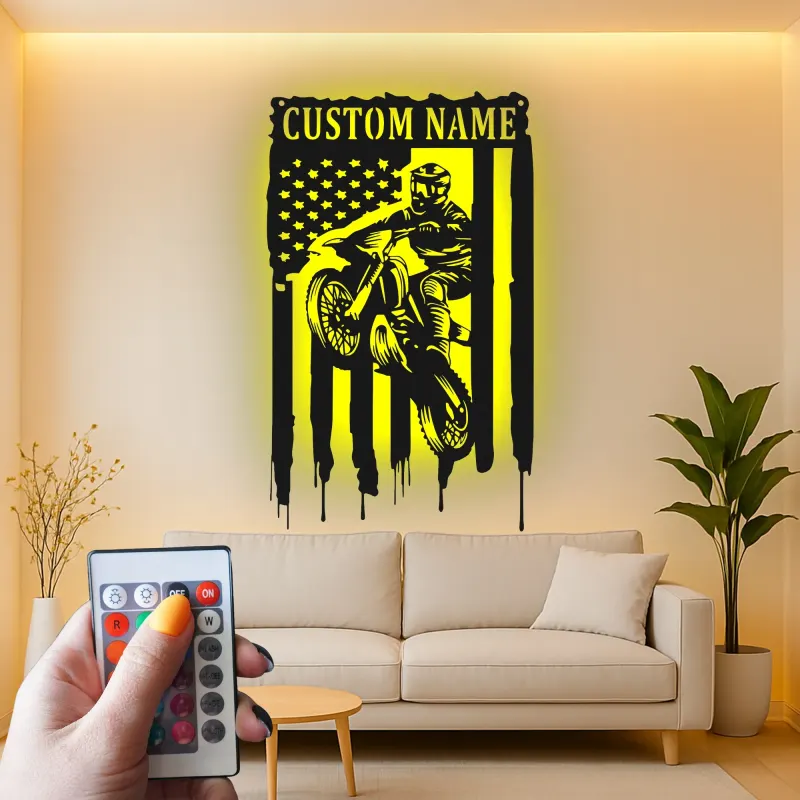 Personalized Motocross Metal Sign | LED American Flag Wall Art | Custom Dirt Bike Decor for Garage, Man Cave & Race Fans