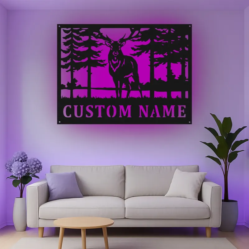 Décoration murale en métal personnalisée avec éclairage LED de forêt de cerfs - Cadeau pour les amoureux de la nature, décoration de chalet ou de pavillon 2