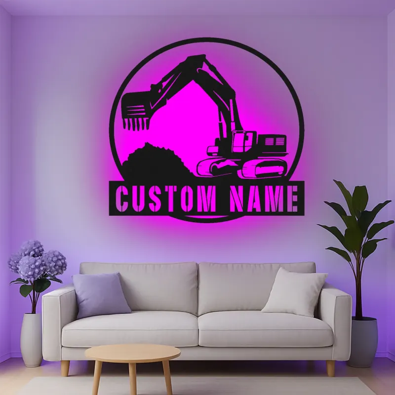 Personalisierte LED-Metall-Wandkunst mit Bagger-Motiv – Geschenk für Bauprofis, Büro oder Garage