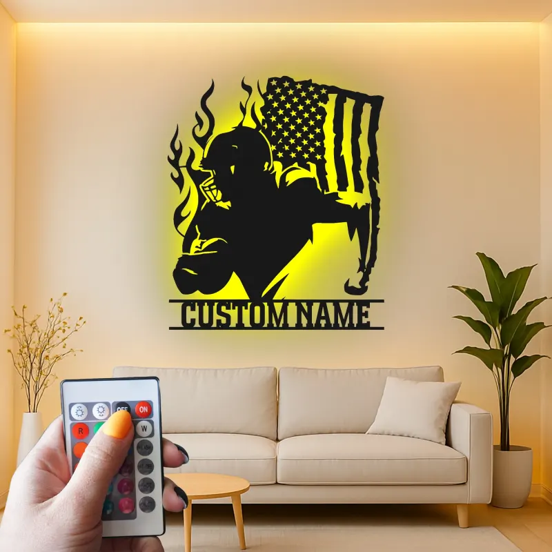 Plaque LED personnalisée joueur de football américain | Décoration murale en métal personnalisée pour salle de jeux | Cadeau pour adolescent sportif