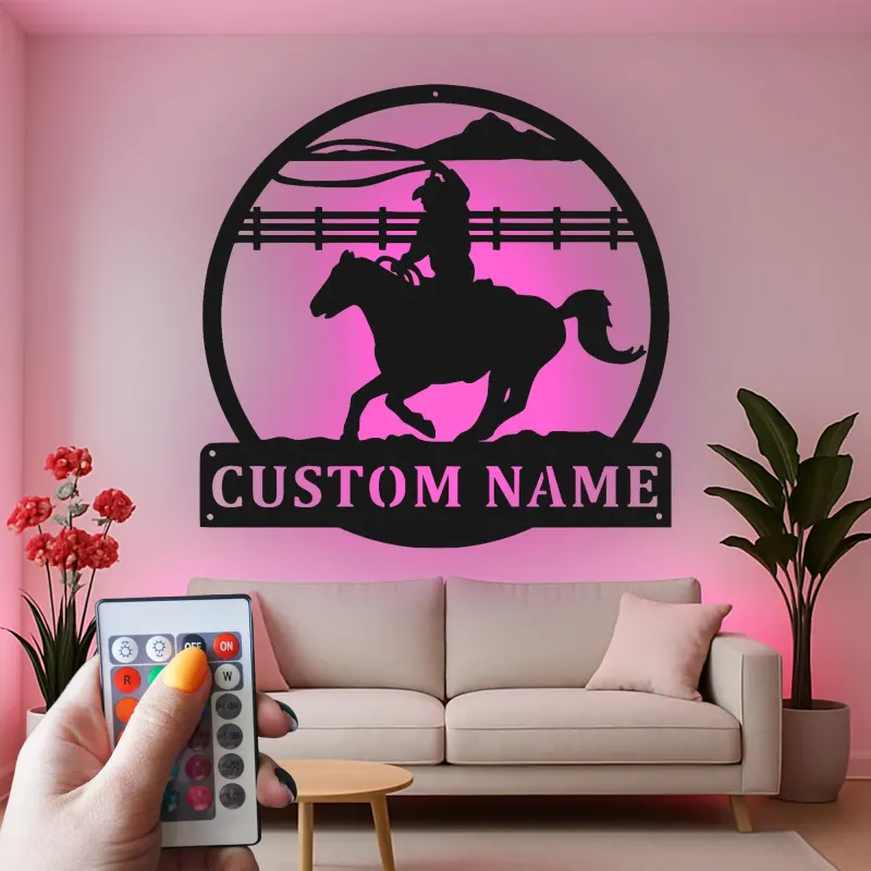 Custom Cowboy Rodeo Led Light Metal Wall Art Personalized Western Gift for Him Ranch Living Room Decor