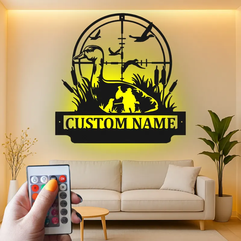 Personalisierte LED-Metall-Wandkunst mit Entenjagd – Geschenk für Jäger, Deko für Männerhöhle oder Ferienhaus