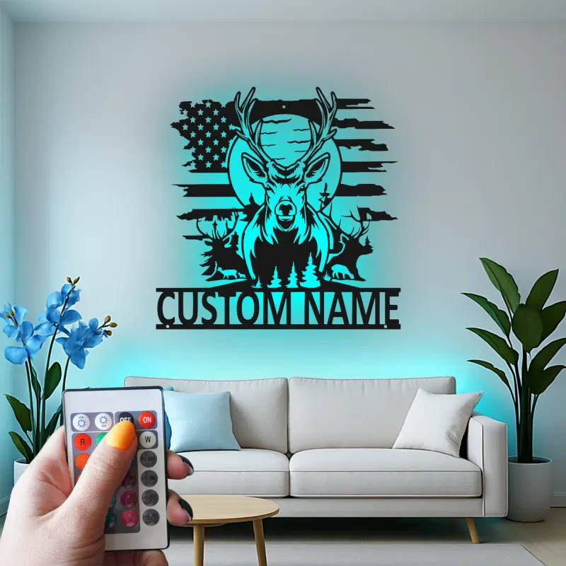 Insegna in metallo LED personalizzata con cervo e bandiera americana - Regalo personalizzato per cacciatori, decorazione rustica per cabin
