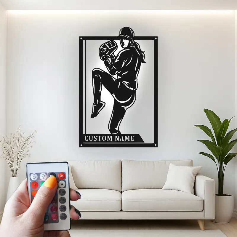 Custom Baseball Pitcher Led Light Metal Wall Art Personalized Gift for Sports Fans Game Room Decor