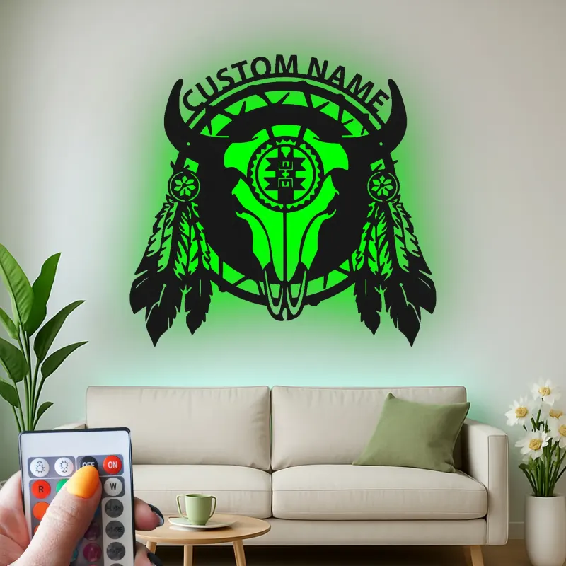 Cartel de metal LED personalizado de cráneo de búfalo, regalo occidental rústico para decoración del hogar en el salón