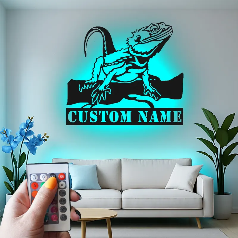 Insegna in metallo personalizzata con drago barbuto e luce LED regalo per amanti dei rettili decorazione per camera da letto o soggiorno