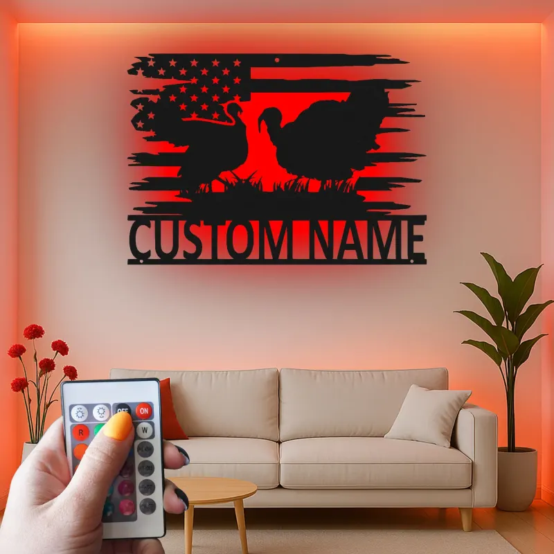 Décoration murale en métal personnalisée avec LED en forme de dinde et drapeau américain - Cadeau de ferme rustique