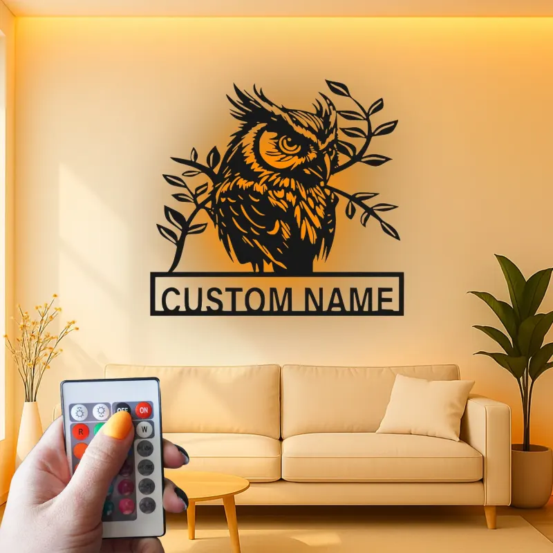 Arte murale LED in metallo con gufo reale | Insegna personalizzata con nome per amanti della natura | Decorazione realistica con silhouette di uccello selvatico