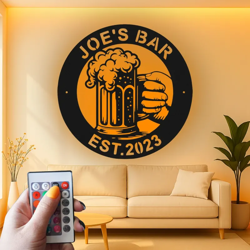 Décoration murale en métal personnalisée Chope de Bière avec Rétroéclairage - Cadeau de Bar pour Lui, Décor de Bar à Domicile ou de Cave à Hommes