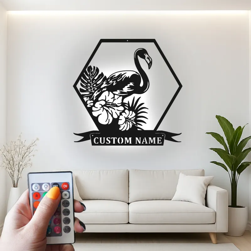 Panneau LED Flamant Rose | Art mural en métal personnalisé | Décor de maison de plage et de salon | Plaque de nom tropical personnalisée