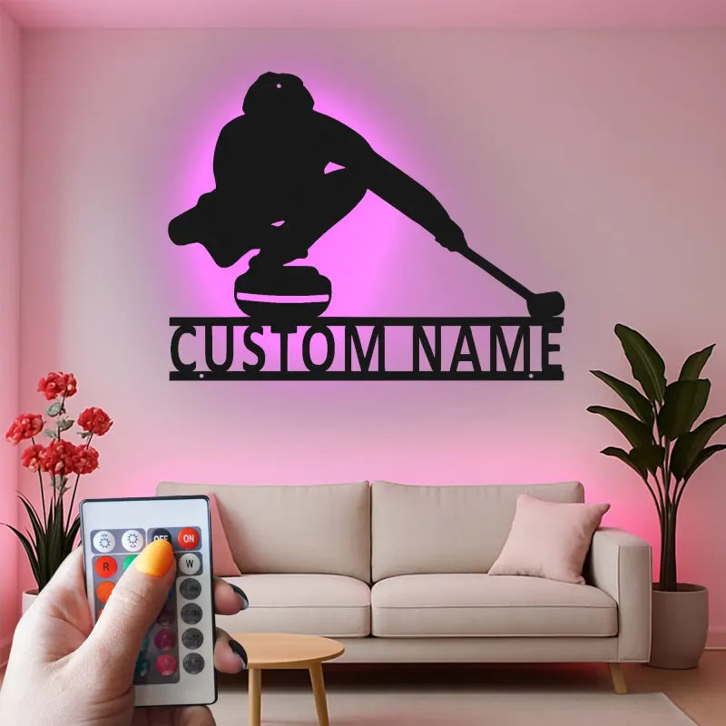 Décoration murale en métal personnalisée joueur de curling avec rétroéclairage LED Cadeau sportif pour les passionnés de curling Décor de salle de jeux 1