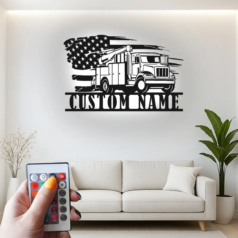 Arte mural de lineman | Cartel LED personalizado de camión de cubo | Decoración patriótica con bandera americana para garaje | Placa de nombre personalizada