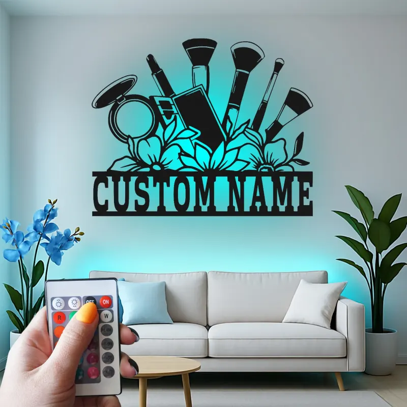 Panneau pour maquilleur personnalisé | Décoration murale en métal LED pour salon de beauté | Décor de vanité avec nom personnalisé | Panneau de logo d'entreprise MUA
