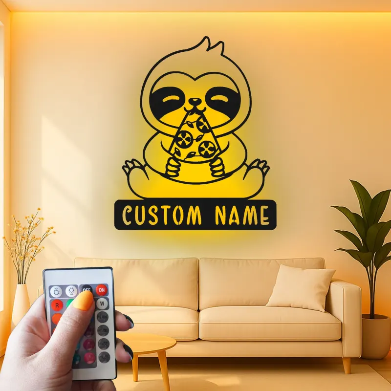 Custom Sloth LED Sign | Metal Wall Art | Kids Room & Nursery Decor | Funny Pizza Lover Gift Idea