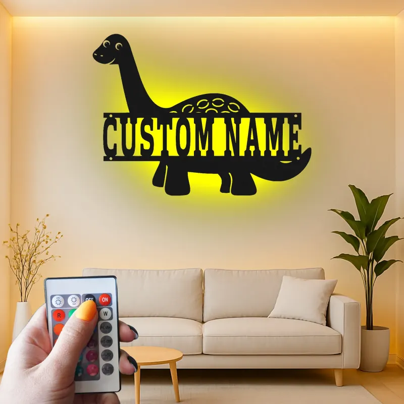 Décoration murale en métal personnalisée avec éclairage LED dinosaure pour la chambre d'enfants, cadeau unique pour les amateurs de dinosaures