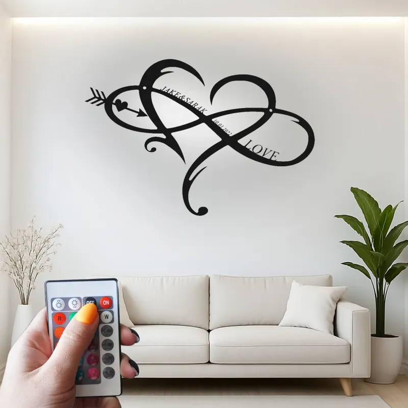 Signe LED en métal cœur infini personnalisé | Décoration murale avec nom et date | Cadeau romantique d’anniversaire pour couple | Déco chambre