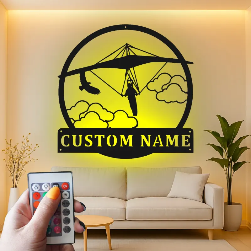 Insegna LED personalizzata con deltaplano | Insegna in metallo personalizzata | Regalo per pilota e arredo sportivo per man cave o ufficio