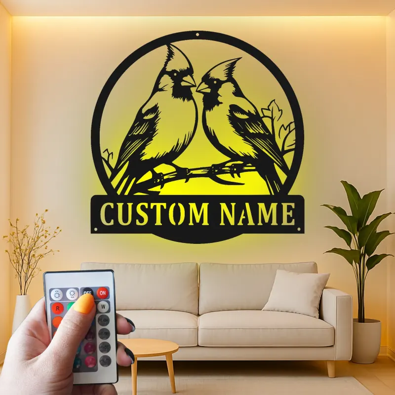 Insegna in metallo personalizzata con coppia di cardinali e luce LED - Regalo per amanti degli uccelli - Decorazione per soggiorno e natura