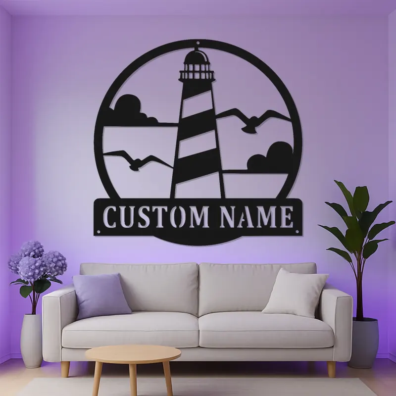 Panneau LED en métal de phare | Décor mural nautique | Cadeau de maison de plage personnalisé | Lumière de silhouette côtière