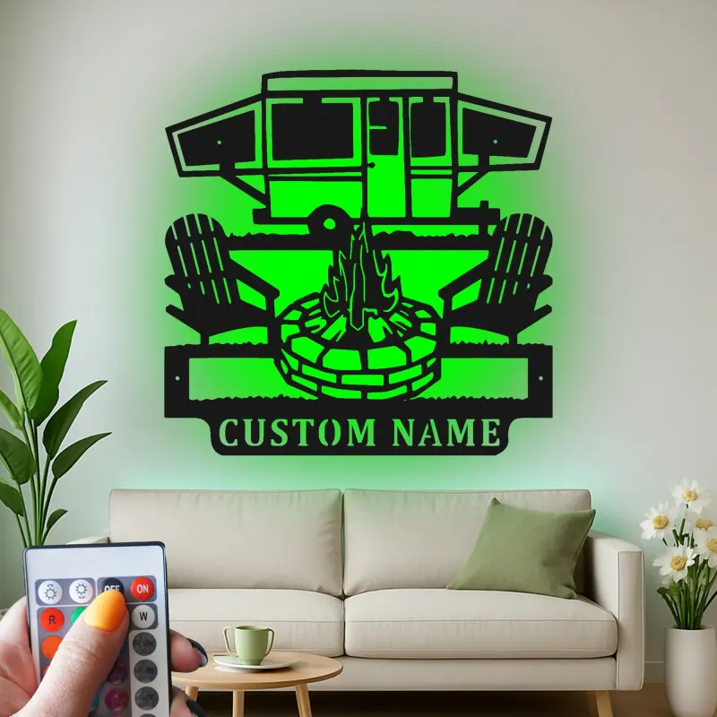 Custom Camper and Firepit Led Light Metal Wall Art Personalized Camping Gift Outdoor Patio Decor
