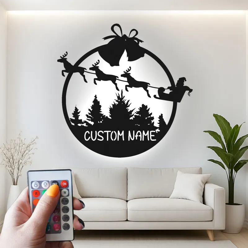 Cartel de metal LED personalizado de trineo de Santa regalo de Navidad para familias decoración festiva de sala de estar