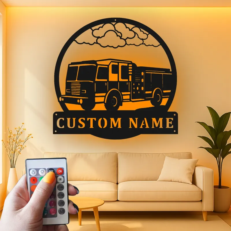 Personalized Fire Truck LED Sign | Custom Firefighter Gift | Metal Wall Art for Fire Station Decor