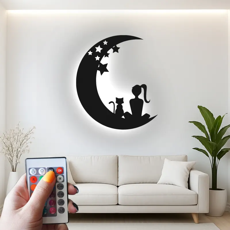 Art mural LED en métal Fille et chat | Panneau silhouette lune et étoiles | Déco rétroéclairée pour chambre bébé et chambre | Cadeau personnalisé pour amoureuse des chats