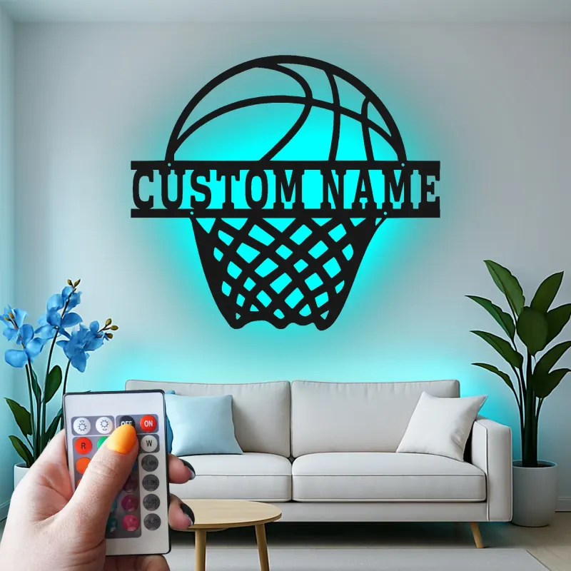 Cartel de metal personalizado de aro de baloncesto con luz LED, regalo deportivo personalizado para atletas, decoración para sala de juegos