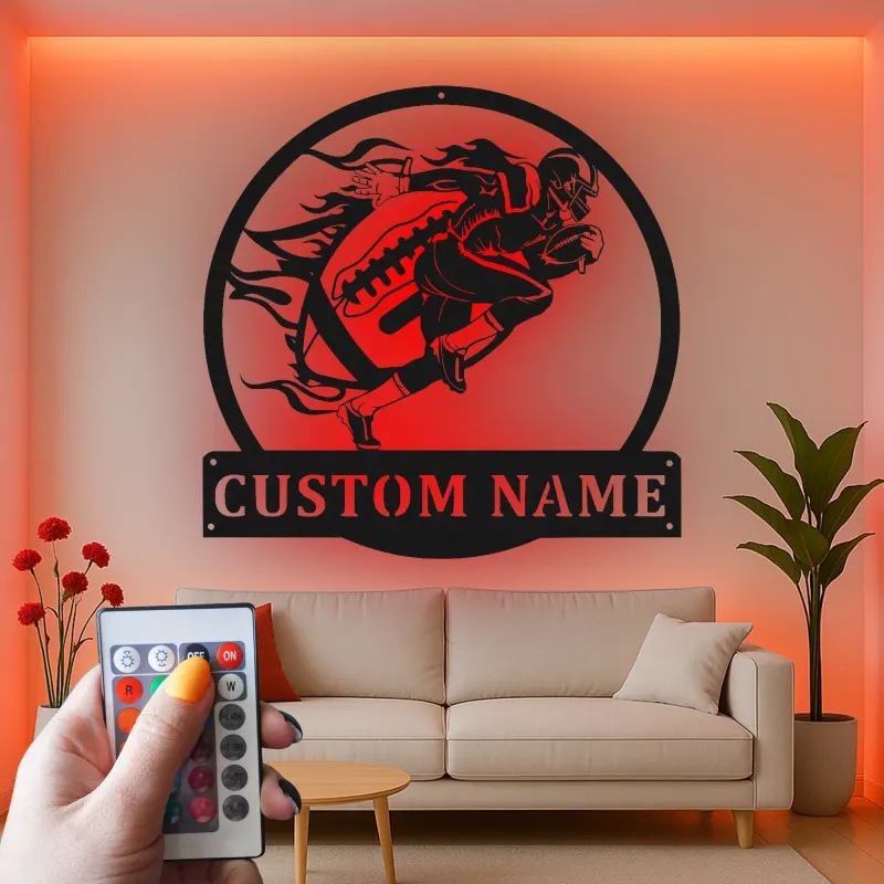 Cartel de metal personalizado de jugador de fútbol americano | Arte mural LED personalizado para habitación infantil | Regalo decorativo para deportistas en día de partido