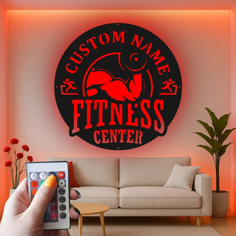 Panneau de salle de sport personnalisé | Décoration murale LED en métal pour centre de fitness | Cadeau de décor sur mesure pour propriétaire de salle