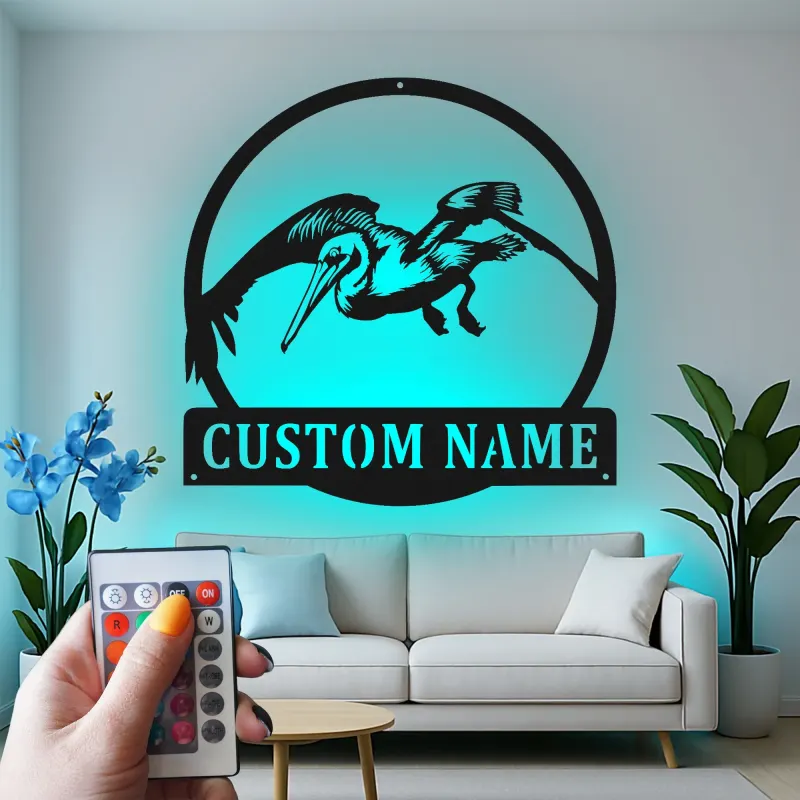 Panneau en métal personnalisé de pélican avec LED | Art mural côtier lumineux | Plaque nominative personnalisée pour maison de plage | Décoration d'oiseau nautique