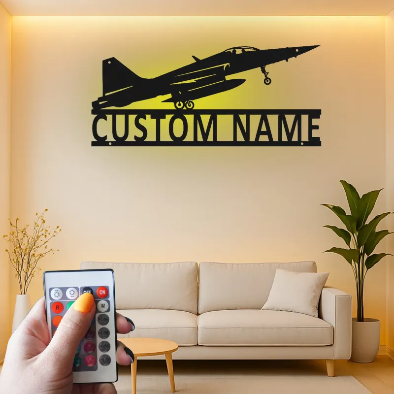 Personalisierte LED-Metall-Wandkunst mit Kampfjet – Luftfahrtgeschenk für Piloten, Hobbyraum oder Büro