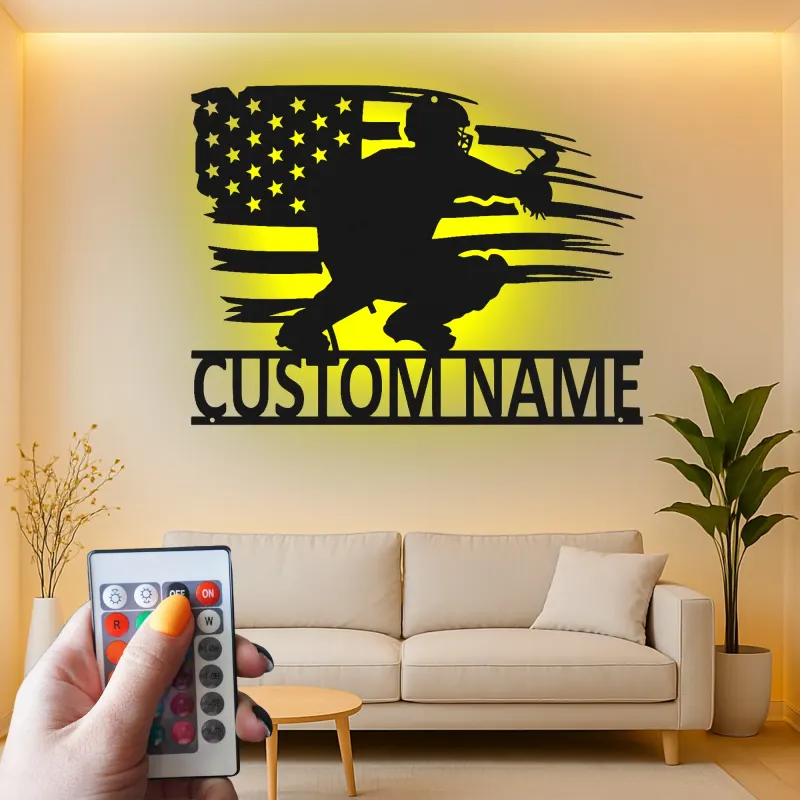 Custom Baseball Catcher Led Light Metal Wall Art Personalized Gift for Baseball Fans Game Room Sports Decor
