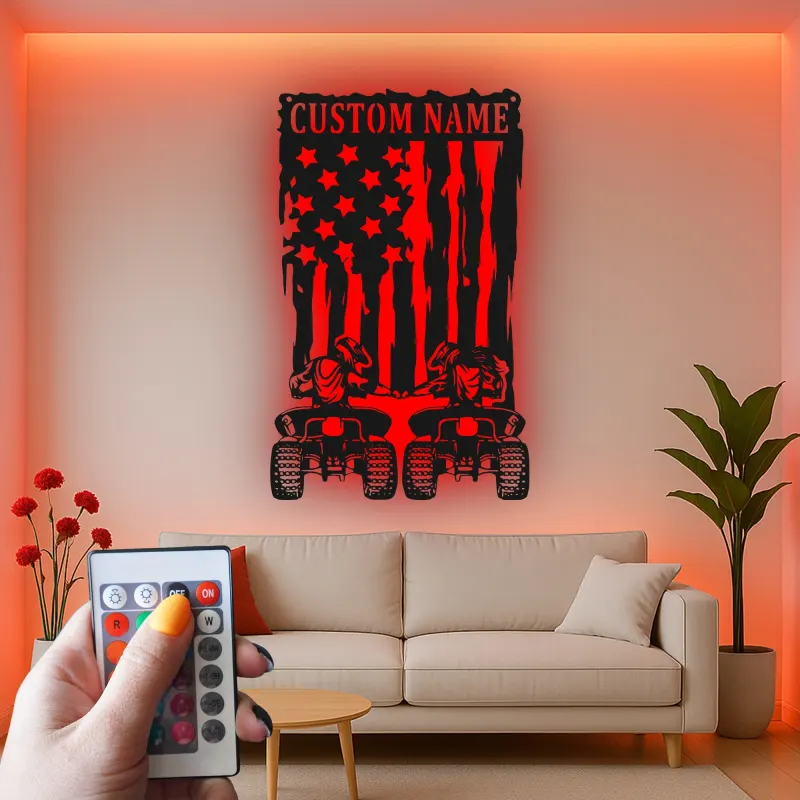 Custom ATV Riders American Flag Led Light Metal Wall Art Adventure Gift for Him Garage or Man Cave Decor