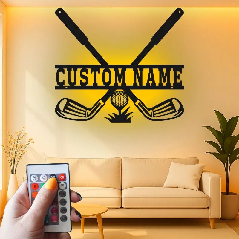 Enseigne de golf personnalisée avec LED | Décoration murale en métal sur mesure pour man cave | Plaque prénom golfeur | Déco club de golf