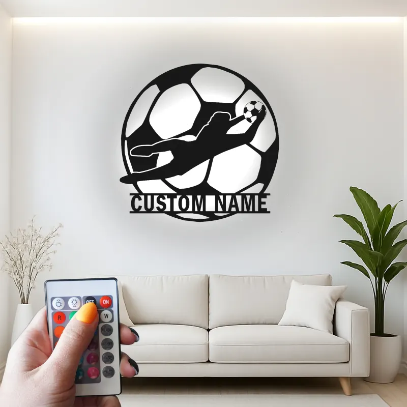Letrero metálico personalizado de portero | Arte mural LED de fútbol | Decoración con nombre a medida para habitación del jugador | Regalo para aficionados al deporte