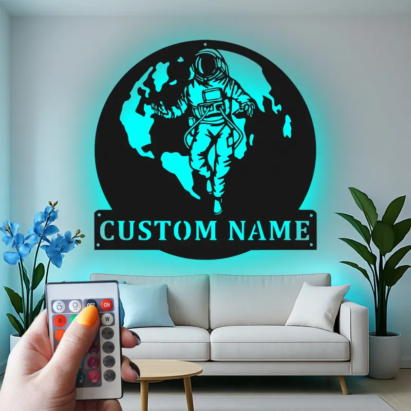 Décoration murale en métal avec rétroéclairage d'astronaute - Cadeau pour amoureux de l'espace, décoration de chambre ou de bureau