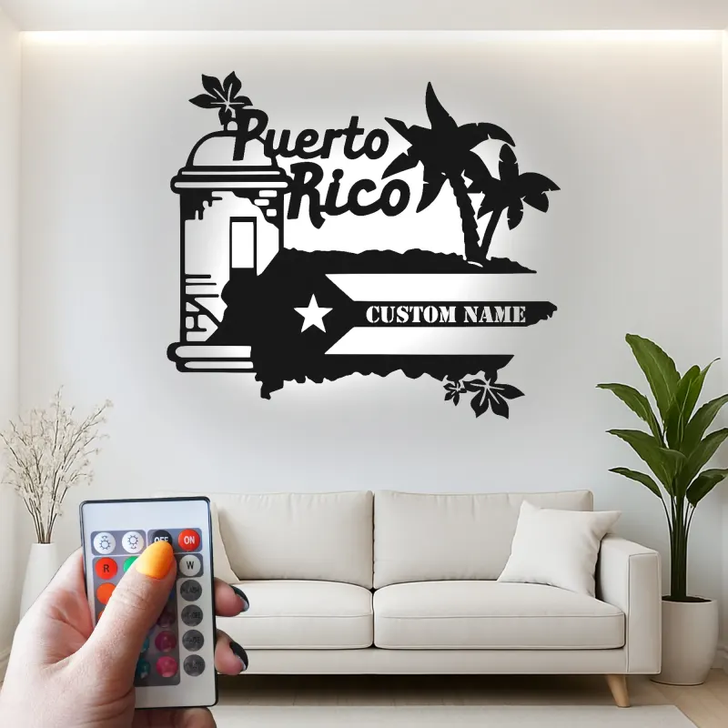 Panneau Métal LED Porto Rico Personnalisé | Art Murale Palmier des Caraïbes Personnalisé | Décor Boricua & Idée de Cadeau Insulaire