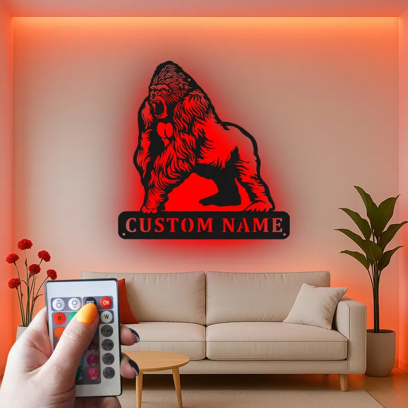 Gorilla LED Metal Wall Art | Custom Name Sign for Home Gym & Man Cave | Personalized Wildlife Decor