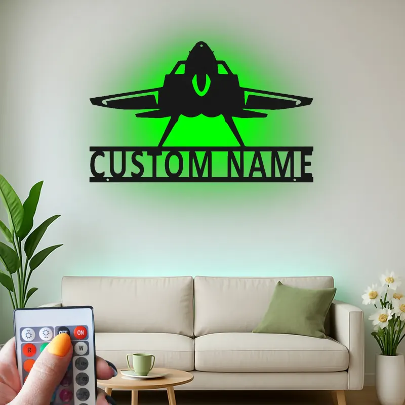 Personalized Fighter Jet Metal Sign | LED Backlit Wall Art | Custom Pilot Name Decor for Man Cave | Aviation Gift