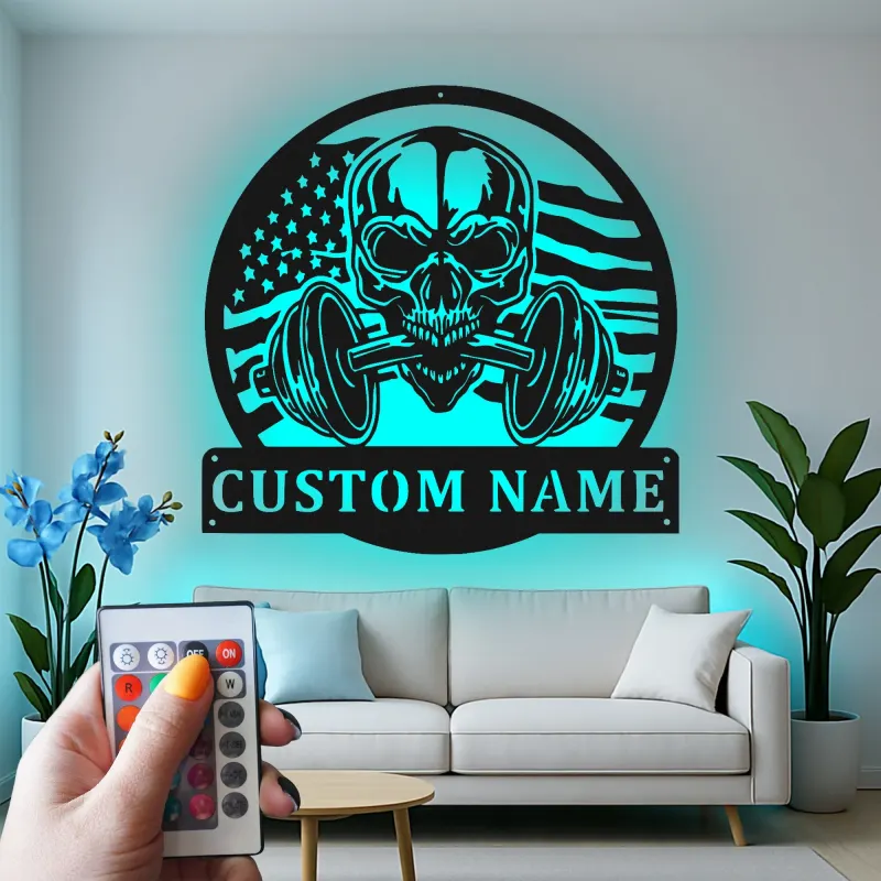 Panneau de gym patriotique avec LED | Art mural en métal avec crâne personnalisé | Décoration de musculation personnalisée pour la maison et les centres de fitness