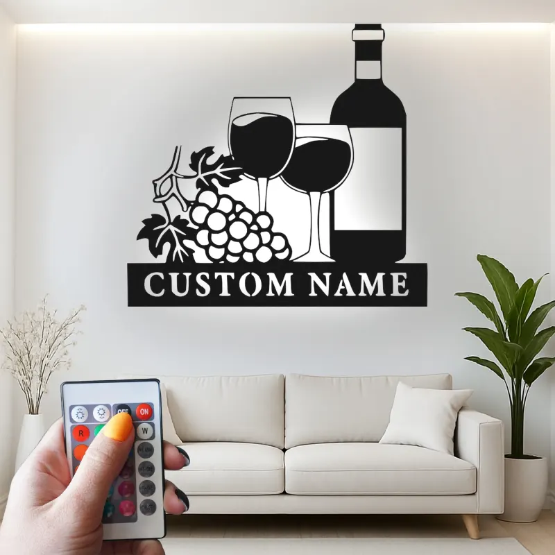Cartel de metal LED de botella de vino y copas personalizado regalo para amantes del vino decoración de cocina o bar