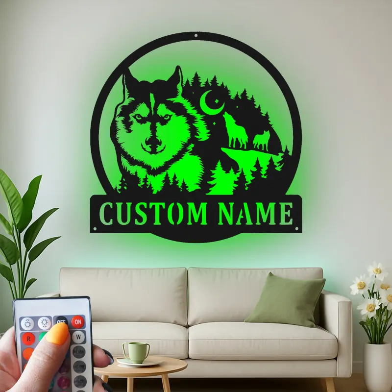 Custom Wolf Forest Scene Led Light Metal Wall Art Personalized Nature Lover Gift Rustic Cabin Decor